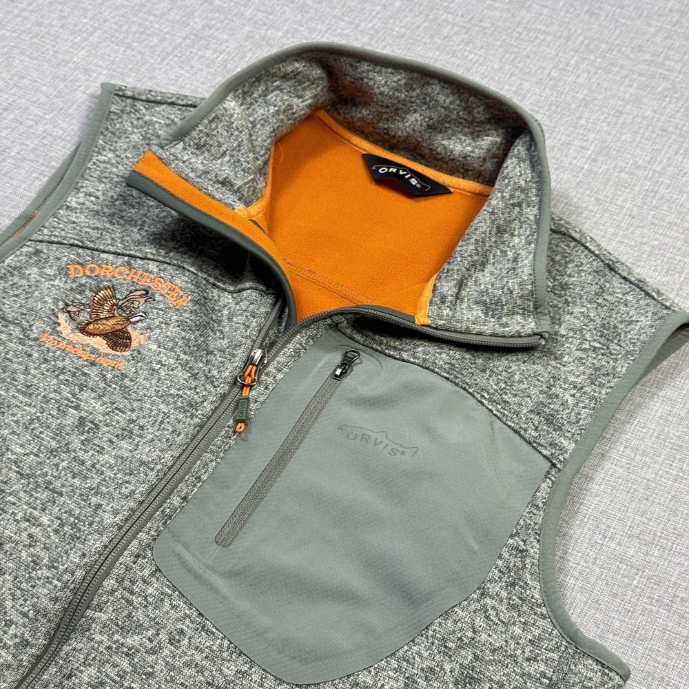 Orvis Fleece Jacket Vest Mens Medium Green Gray Lined Full Zip Insulated Pockets